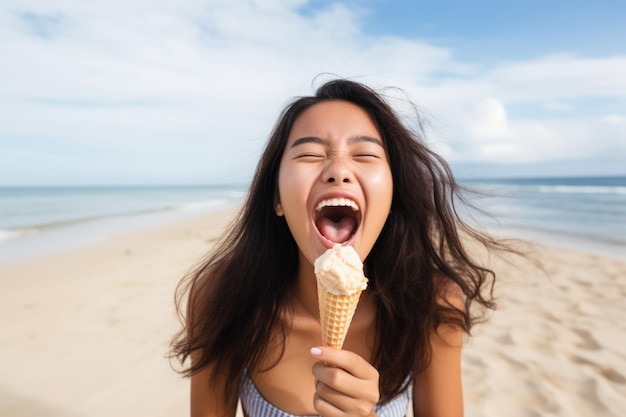 Jovem adolescente feliz comendo sorvete na praia de férias