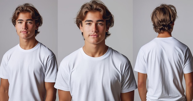 jovem adolescente masculino bonito em camiseta branca em um fundo isolado modelo de modelo de frente e de trás