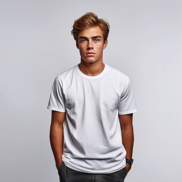 jovem adolescente masculino bonito em uma camiseta branca em um fundo isolado modelo de modelo de frente