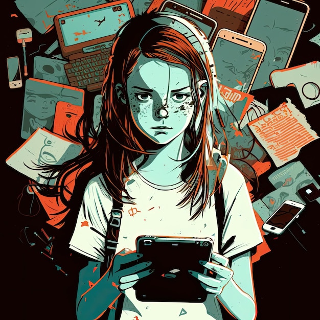 jovem adolescente viciada em gadgets com dependência de smartphones