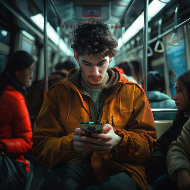 Jovem adulto absorto no smartphone no metrô