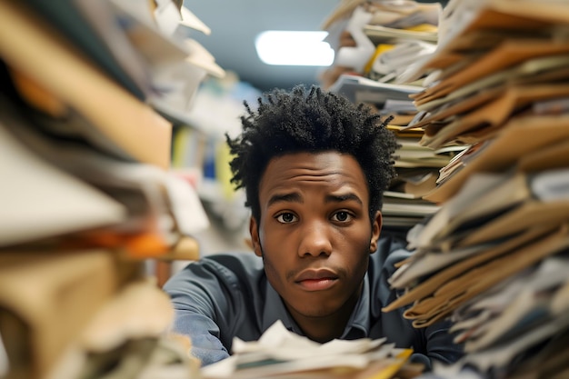 Foto jovem adulto afro-americano num escritório sobrecarregado por uma montanha de papelada