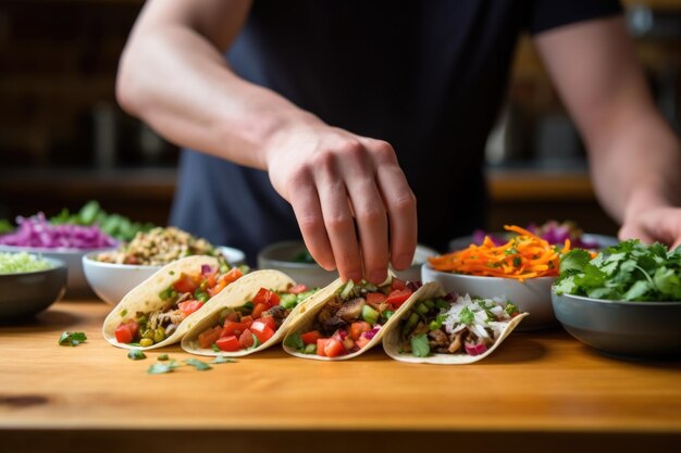 Jovem adulto arranjando coberturas em um taco