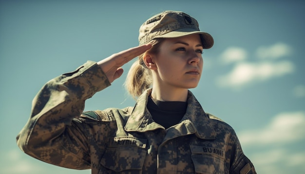 Jovem adulto em uniforme militar saudando orgulhosamente gerado por IA