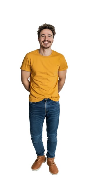 Foto jovem adulto sorridente de camisa amarela isolado em fundo branco corpo inteiro