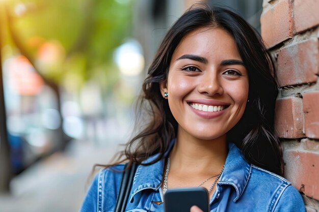 Foto jovem adulto sorrindo feliz mulher latina bonita segurando dispositivo de telefone móvel