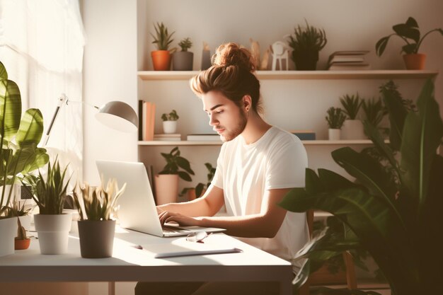 Jovem adulto usando laptop em casa em uma mesa cercada de vegetação