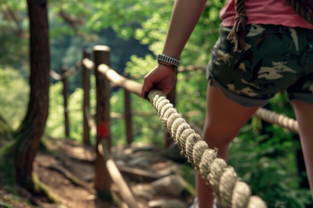 Jovem adulto usando um corrimão de corda em uma trilha natural