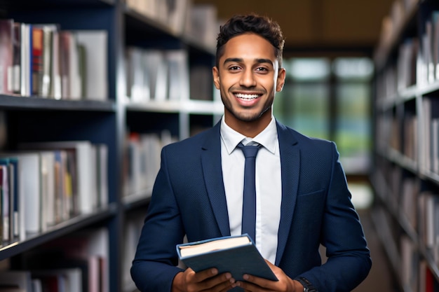 Jovem advogado indiano ou árabe profissional com livros na biblioteca da universidade