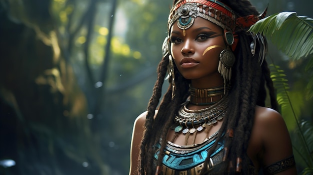 jovem africana bonita jovem com rosto pintado de perto na floresta