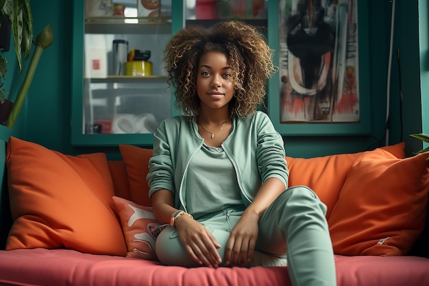 jovem africana sentada em um sofá laranja em roupas verdes com cabelos rizados exuberantes