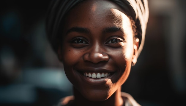 Jovem africana sorrindo com confiança ao ar livre gerada por IA