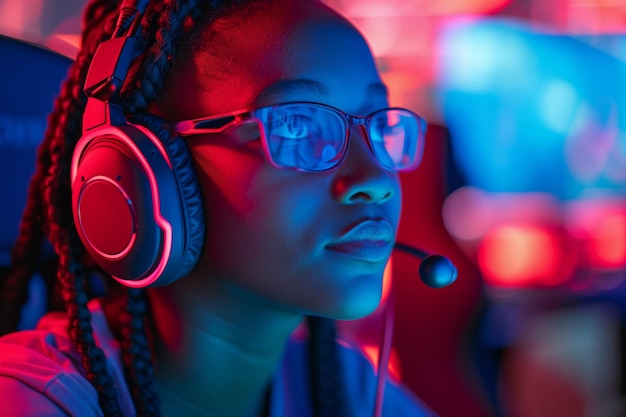 Jovem africana talentosa representa seu país em um torneio profissional de videogame com fones de ouvido.