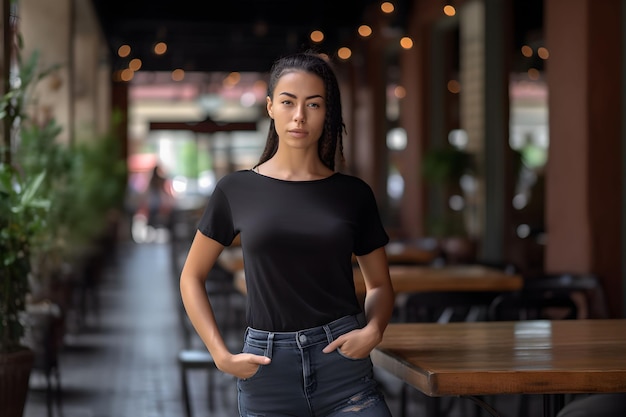 Jovem africana vestindo bella canvas camiseta preta e jeans em um restaurante aconchegante no dia de verão Modelo de camiseta de design modelo de apresentação impressa Ai gerado