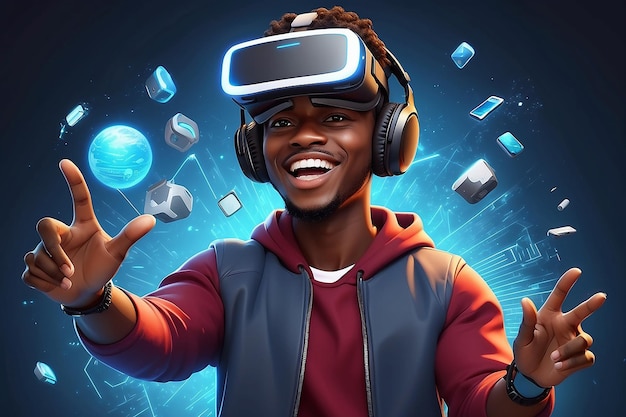 Jovem africano alegre em uma realidade virtual brincando com tecnologia do futuro Ilustração de personagens em 3D