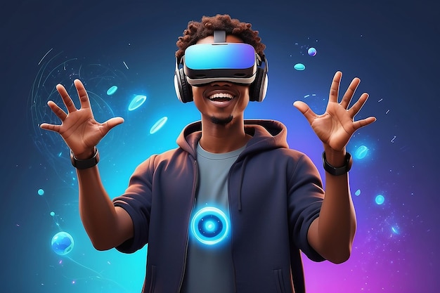 Jovem africano alegre em uma realidade virtual brincando com tecnologia do futuro Ilustração de personagens em 3D