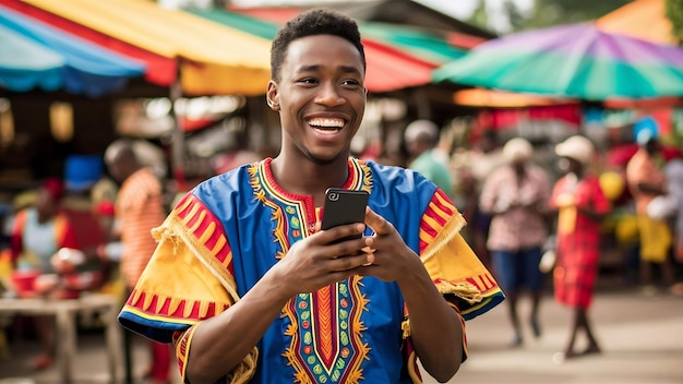 Jovem africano feliz com um telemóvel