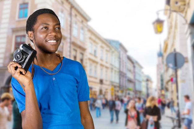 Jovem, africano, homem, com, câmera