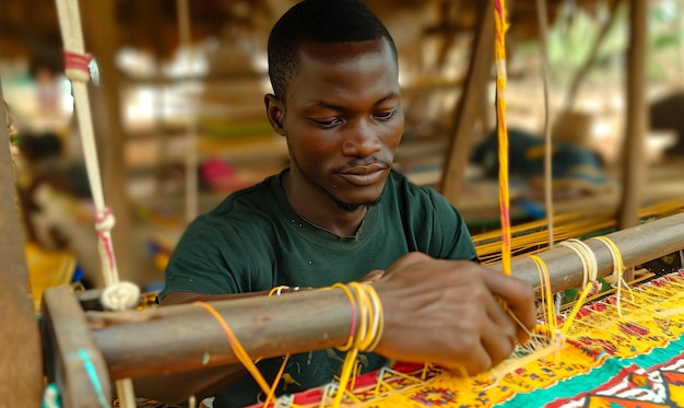 Foto jovem africano tecendo seda e algodão tradicionais kente em teares timelapse