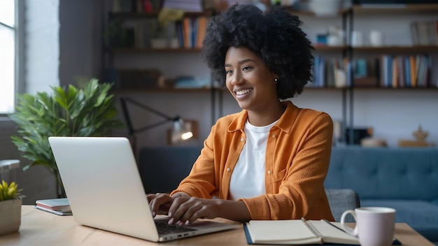 Jovem afro-americana atrativa e positiva, freelancer a trabalhar remotamente a teclado em genéricos.