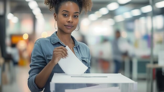 Jovem afro-americana com cabelos encaracolados emite seu voto na estação de votação