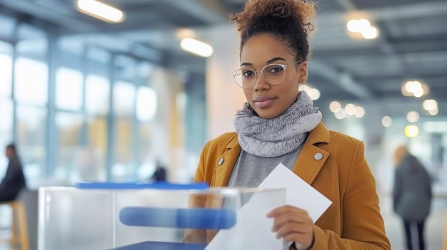 Jovem afro-americana com cabelos encaracolados emite seu voto na estação de votação