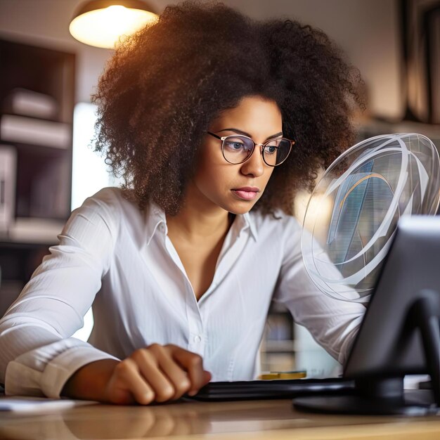 Foto jovem afro-americana de óculos trabalhando no computador em casa