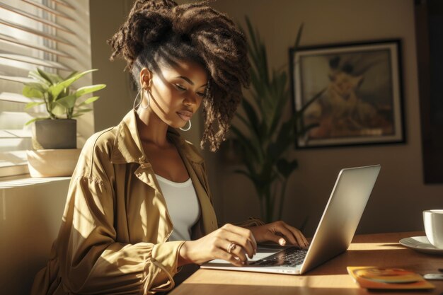 Jovem afro-americana focada sentada à mesa com laptop em uma sala aconchegante estudante feminina