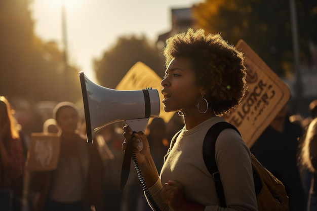 Foto jovem afro-americana gritando pelo megafone enquanto protestava contra o racismo