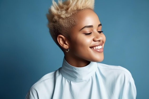 Jovem afro-americana positiva com cabelos loiros curtos tocando o colarinho de uma camisa elegante e olhando para baixo com um sorriso contra um fundo azul