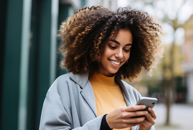 Foto jovem afro-americana usando seu smartphone em uma cidade