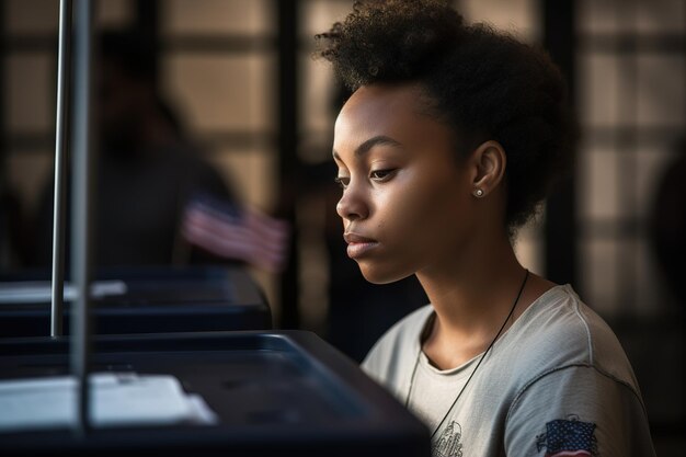 Jovem afro-americana votando na seção eleitoral dos EUA