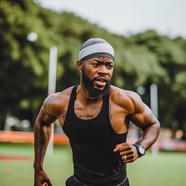 Foto jovem afro-americano com boné e roupas esportivas correndo em um parque