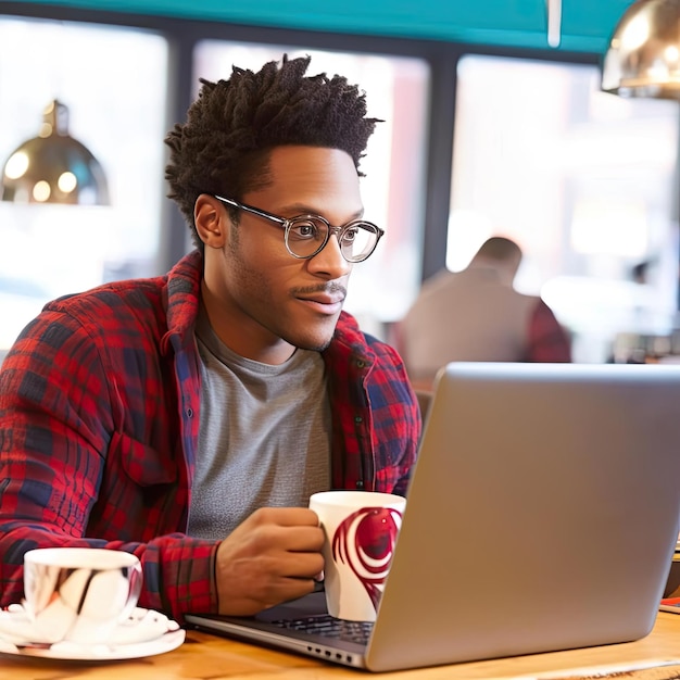 Jovem afro-americano com laptop e xícara de café em um café