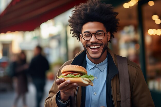 Foto jovem afro-americano com um hambúrguer