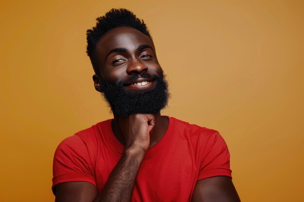 Foto jovem afro-americano confiante de camisa vermelha sorrindo com confiança