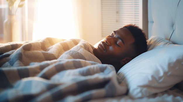 Jovem afro-americano dorme sob um casaco quente em uma cama macia em casa em close-up