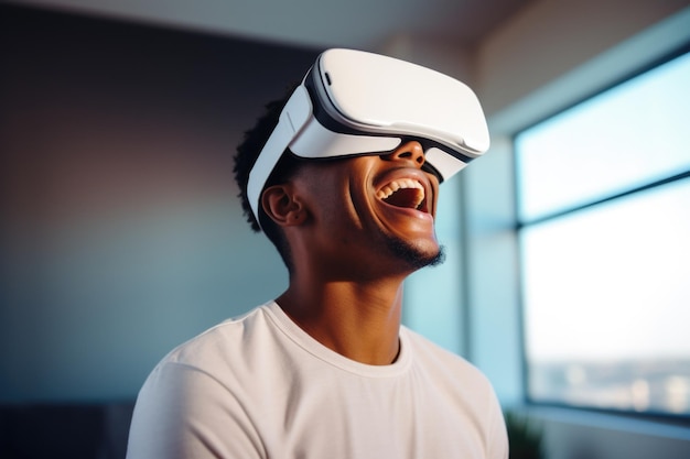 Jovem afro-americano em roupas casuais usando óculos de VR IA gerativa