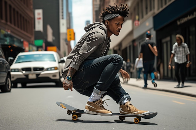 Jovem afro-americano em skate na rua Generative AI ilustração