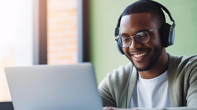 Jovem afro-americano feliz com óculos e fones de ouvido sentado com um laptop e aprendendo