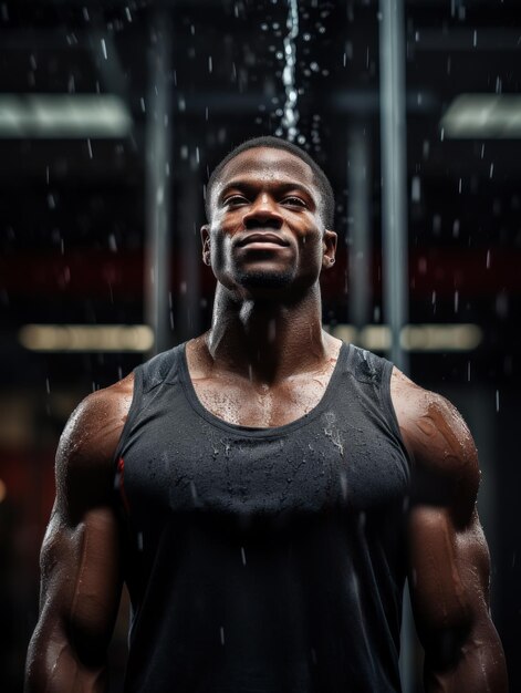 Jovem afro-americano musculoso em ginásio mostrando músculos modelo de fitness treina na ginásio