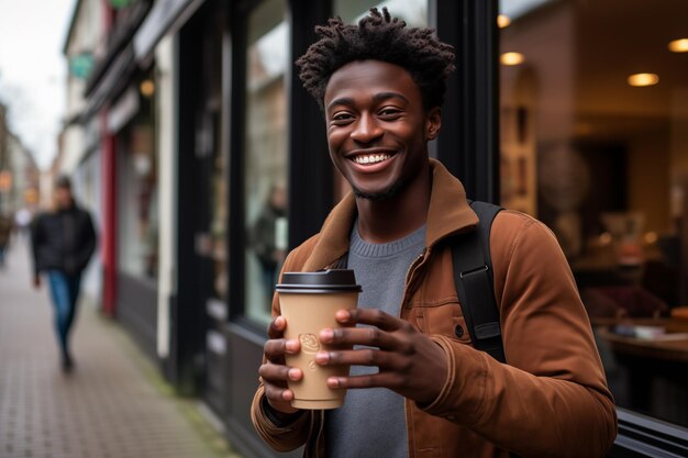 Jovem afro-americano segurando um café para levar