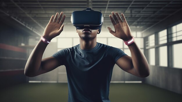 Jovem afro-americano usando fone de ouvido de realidade virtual contra o estádio de rugby