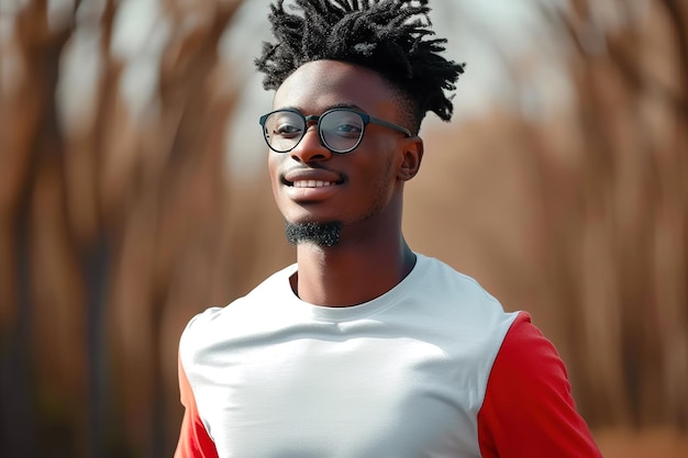 Jovem afro com óculos correndo no parque