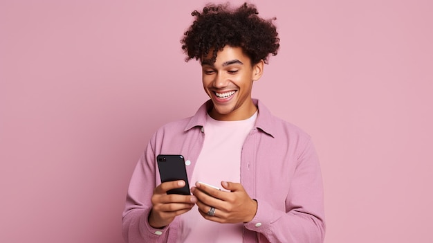 Jovem afro feliz segurando um smartphone em um fundo rosa Conceito de estilo de vida das pessoas on-line