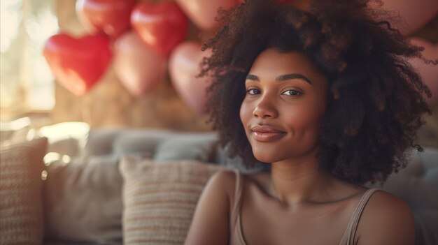 Jovem afro sentada na sala com corações e balões ao fundo