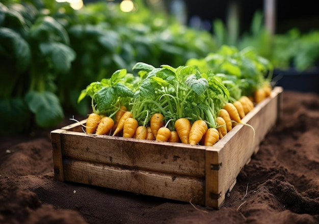 Foto jovem agricultor com cenouras recém-colhidas na cesta com a mão segurando uma caixa de madeira com legumes no campo legumes orgânicos frescos ai generative