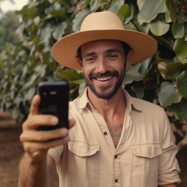 Foto jovem agricultor em uma plantação de café arábica ai generative