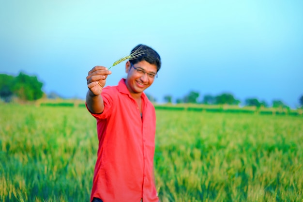 jovem agricultor indiano no campo de trigo