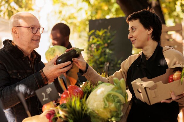 Jovem agricultora amigável que vende vegetais orgânicos de estande de produtos no mercado agrícola conversando com o cliente. Vendedor local mostrando berinjela para homem sênior comprando alimentos frescos e saudáveis cultivados localmente